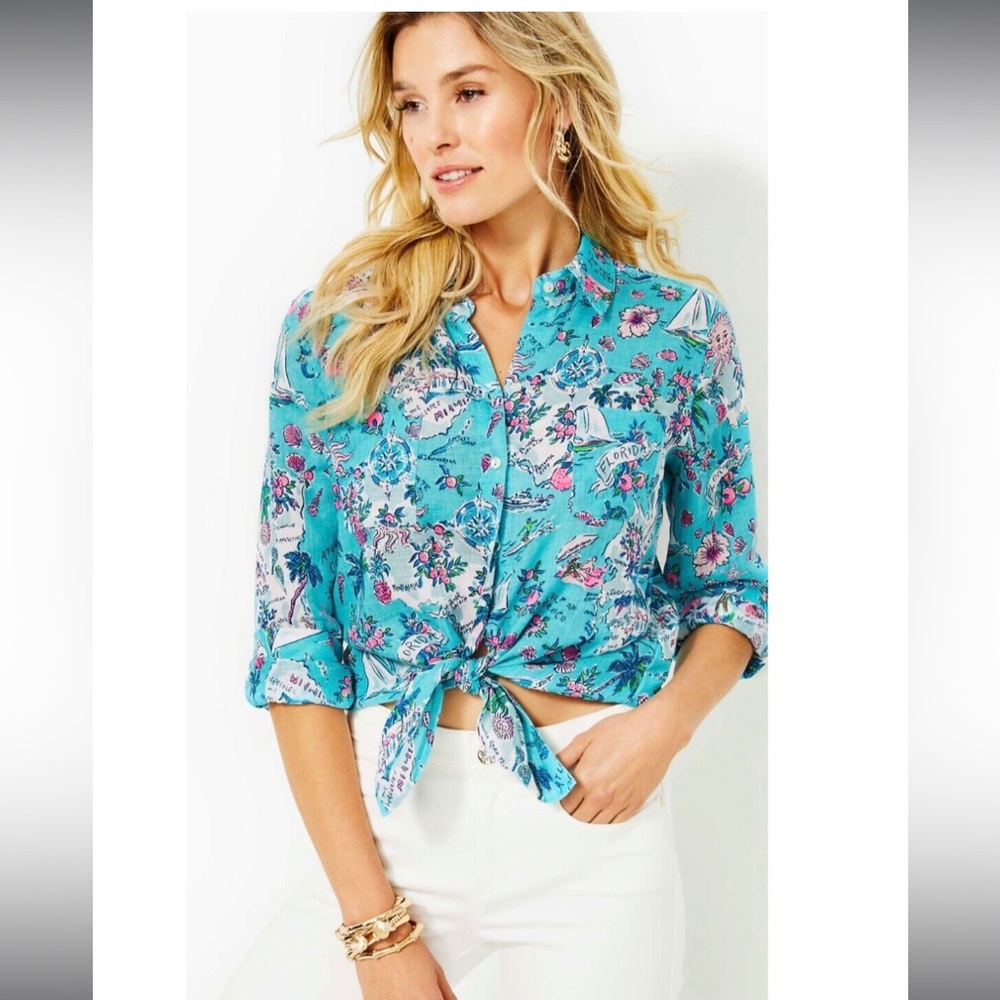 Lilly Pulitzer Sea View blue Linen Button Down NWT
